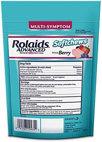 Rolaids Advanced Antacid Plus Anti-Gas Softchews, 28 Count, Mixed Berry, Heartburn and Gas Relief
