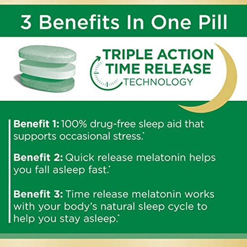 Stress Support Melatonin by Nature's Bounty, Sleep3 Maximum Strength 100% Drug Free Sleep Aid, Dietary Supplement with Ashwagandha, Time Release Technology, 10mg, 28 Tri-Layered Tablets