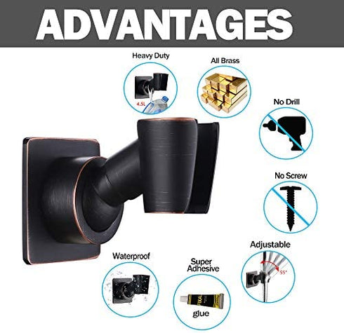 Shower Head Holder Adjustable Handheld Shower Head Bracket Adhesive Shower Wall Mount Holder Brass Shower Wand Holder Oil-Rubbed Bronze, Drill Free Glue Installation