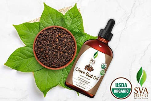 SVA ORGANICS Clove Bud Essential Oil 4 Oz Organic USDA 100% Pure Natural Undiluted Premium Therapeutic Grade Oil For Skin, Teeth, Diffuser, Aromatherapy