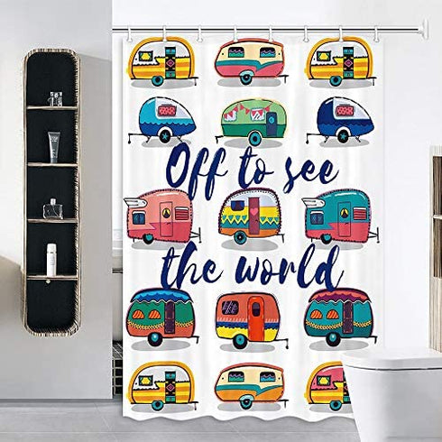 TOMOZ RV Shower Curtain for Camper Trailers Camping Bathroom, Off to See The World Retro Camper Trailer, Waterproof Stall Shower Curtain with Hooks Set 47x64 Inch