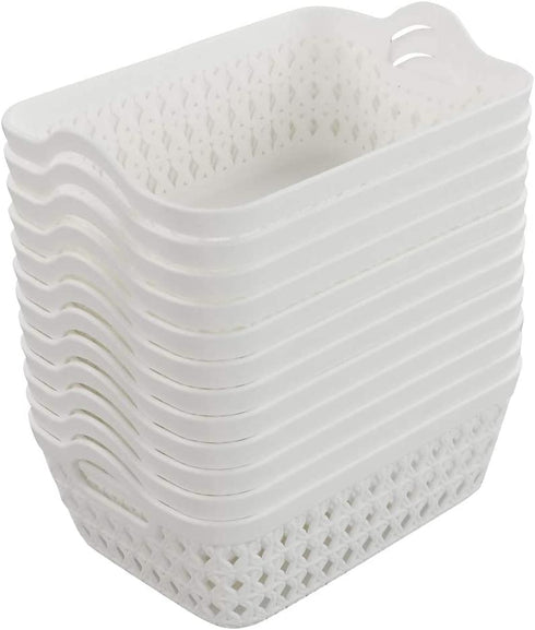 HOMMP 12-Pack White Plastic Woven Storage Basket Tray with Handle (Mini)