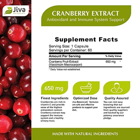 Cranberry Pills for Women 650 mg - High Potency Cranberry Supplement Extract made from Cranberry Powder - Made in USA - Cranberry Capsules for Urinary Tract Health - Jiva Botanicals