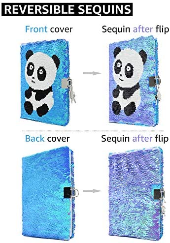 VIPbuy Magic Reversible Sequin Notebook Diary Lined Travel Journal with Lock and Key for Kids Girls, Size A5 (8.5” x 5.5”), 78 Sheets, Panda (Blue to Purple)