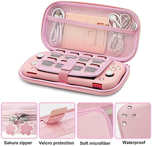 BRHE Pink Travel Carrying Case Accessories Kit for Switch Lite, Hard Protective Cover Skin Shell with Stand, Glass Screen Protector, Thumb Grip Caps 9 in 1