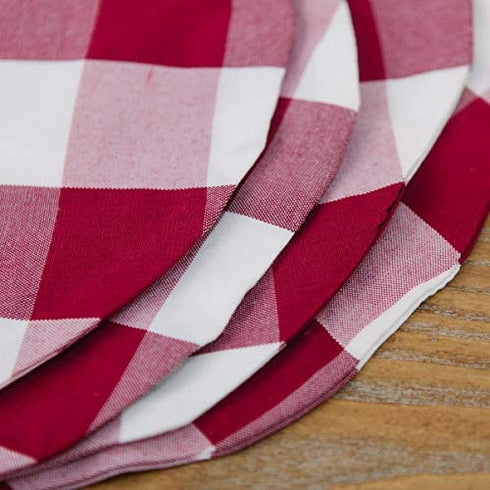 Burgundy Red & White Cotton Buffalo Check Round Placemat, Set of 4, 15 Inch eco-Friendly Fabric Handcrafted Machine Washable Indoor & Outdoor Tablemat