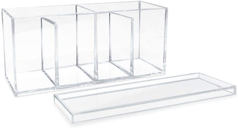 Isaac Jacobs 4-Compartment Clear Acrylic Organizer with Lid (9 L x 3 W x 4 H), Makeup Brush Holder, Sectional Tray, Storage Solution for Makeup, Crafts, Office Supplies & More (1, Clear)