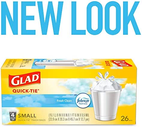 Glad Small Trash Bags - OdorShield 4 Gallon White Trash Bag, Gain Fresh Scent with Febreze - 26 Count (Package May Vary)