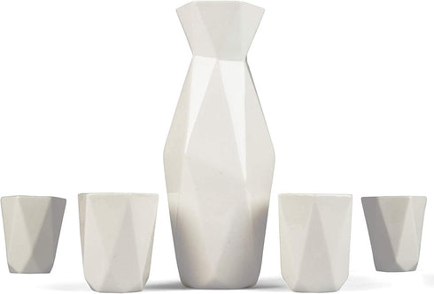 5 Piece Traditional Japanese Sake Set, 1 Tokkuri Bottle and 4 Ochko Cups, White - Unique Custom Modern Design