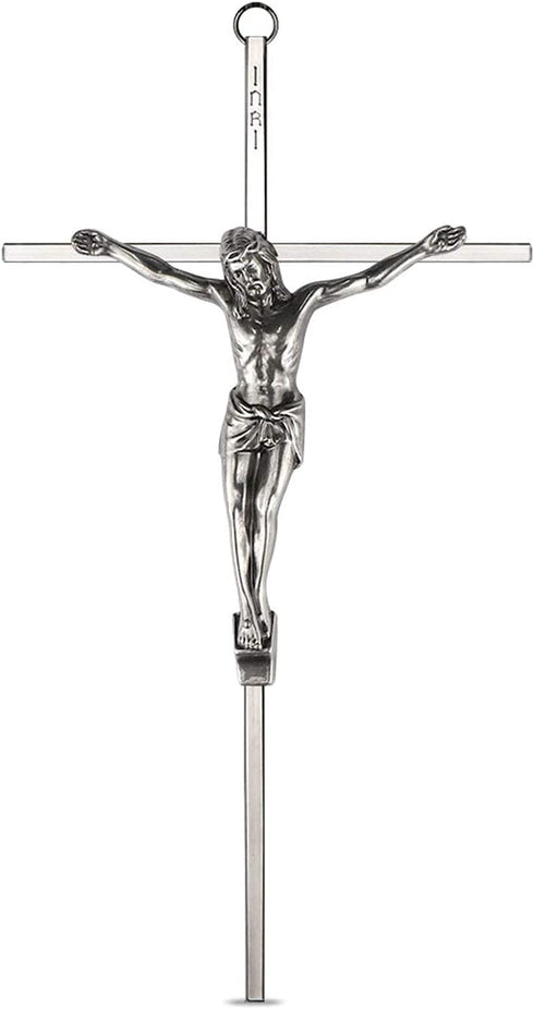 ACHIBANG Crucifix Wall Cross, Catholic Metal Crosses Wall Decor - 10 Inch - Shiny Silver