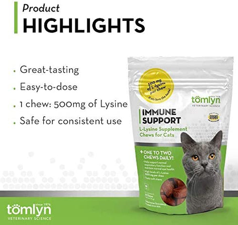 Tomlyn Immune Support Daily L-Lysine Supplement, Fish-Flavored Lysine Chews for Cats and Kittens, 30ct