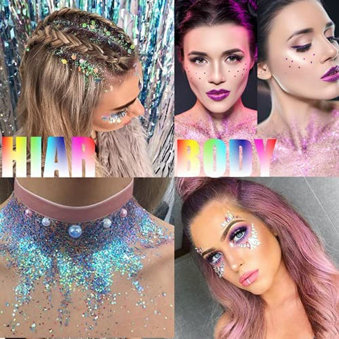 Body Glitter Gel Holographic Glitter Liquid for Festival Make Up 3 Colors Set Long-Lasting Easy to Remove (Pink,Silver,Mermaid)