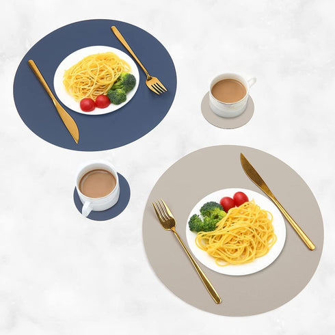 Placemats Faux Leather Round Table Mats Set of 4 with Coasters, Heat-Resistant Waterproof Non-Slip Washable Mats for Kitchen Dinning Table, PU Table Mats (Blue+Gray)