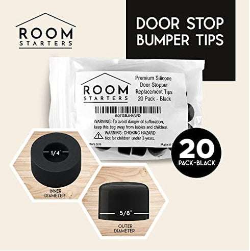 Door Stop Bumper Tips - 20 Pack Black Silicone Rubber Replacement Stopper Ends with Universal Fit by ROOM STARTERS