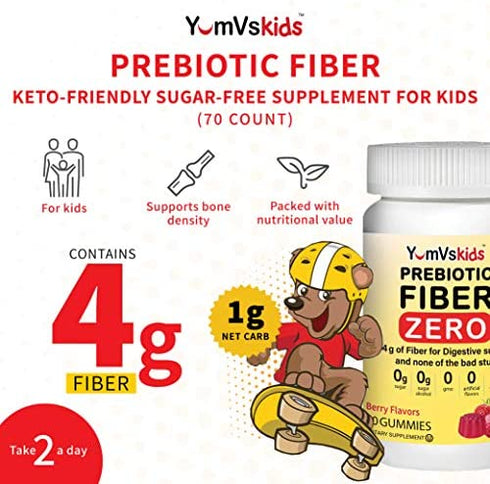 Prebiotic Fiber Zero Gummies for Kids by YumVs | Keto Sugar Free Gummy Chews for Toddlers |4g Fiber for Children Constipation Support | Natural Kosher Halal Berry Chewable 70 Count