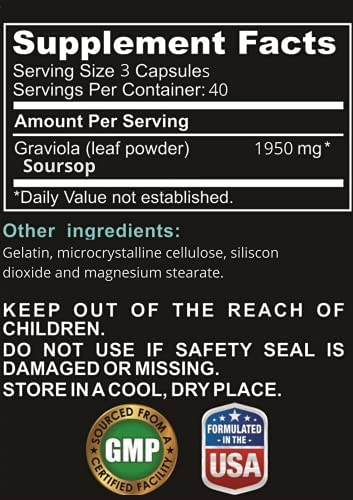 1950mg Soursop Graviola Capsules (Guanábana) Organic Leaves Powder Rich in Powerful Anti-Oxidants - 120 Capsules 40 Servings