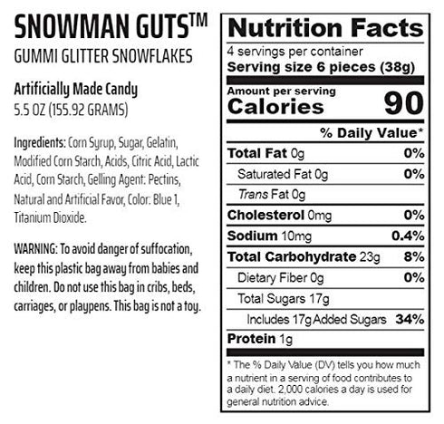 Snowman Guts Blue Raspberry & Marshmallow Flavored Gummy Snowflakes Funny Unique Christmas Tree Stocking Stuffer Gag Birthday Girl, Boy and Teens Candy Gift