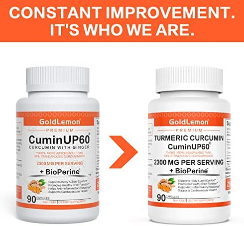 Turmeric Curcumin with Black Pepper & Ginger 2300 MG, GOLDLEMON Anti Inflammatory Supplement with BioPerine & CuminUP60-Curcuma Longa Extract-Gluten Free, Non GMO, No Side Effects-90 Capsules