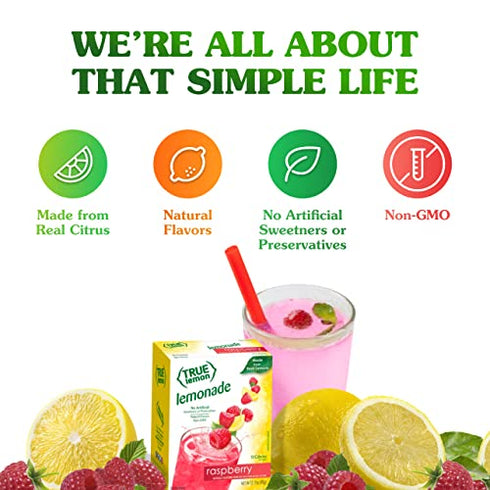 TRUE LEMON Raspberry Lemonade Drink Mix (30 Packets) Made from Real Lemon No Preservatives, No Artificial Sweeteners, Gluten Free Water Flavor Packets & Water Enhancer with Stevia, 3.17 Oz(Pack of 30)