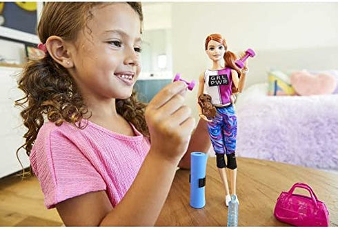 Barbie Fitness Doll, Red-Haired, with Puppy and 9 Accessories, Including Yoga Mat with Strap, Hula Hoop and Weights, Gift for Kids 3 to 7 Years Old