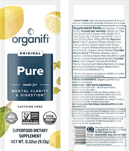 Organifi: Pure Smart Packs - Mental Clarity Superfood Solution - 30 Packets - Lemon Flavor - Promotes Normal BDNF Levels