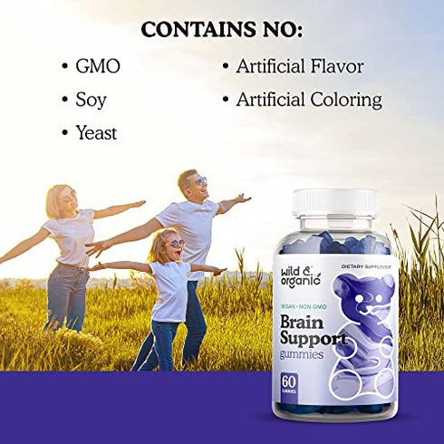 Wild & Organic Brain Booster Gummies - Natural Nootropic Dietary Supplement to Support Cognitive Function, Sharpen Memory - Ashwagandha, Bacopa, Ginkgo Biloba, Rhodiola Rosea, DMAE - 60 Chewables