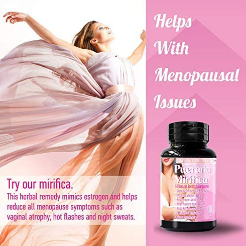 Natural Pueraria Mirifica Capsules 2000mg Daily - Breast Enhancement Pills for Women - Breast Growth Pills, Breast Enhancers, Vaginal Health, Menopause Relief, Skin and Hair Health 90 Veggie Capsules