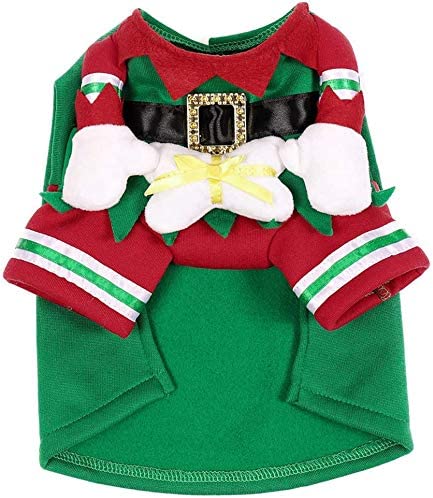 Mogoko Dog Cat Christmas Elf Costume, Funny Pet Cosplay Dress with Cap, Puppy Fleece Warm Outfits Animal Festival Apparel Clothes(L Size)