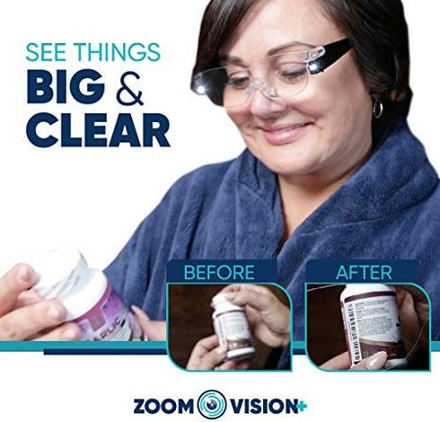 Zoom Vision Hands Free Magnifying Glasses with Light, 160% Magnification and dual LED lights, Includes Non Lighted Magnifying Glasses for Reading, Close Work and Crafts