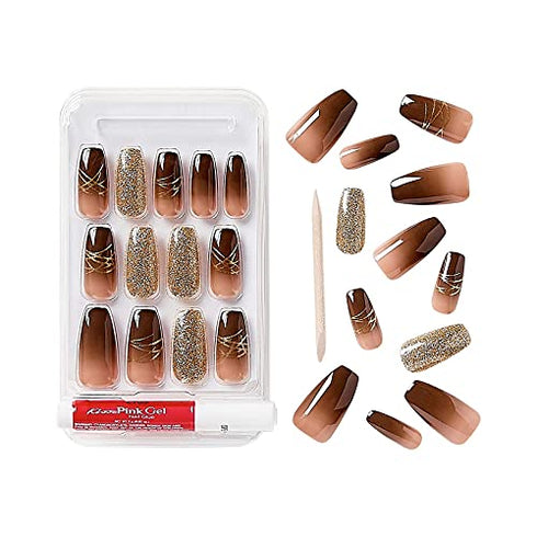 Gold Finger Gel Glam Design Nail Press On Nails, Gel Nail Kit, Polish Free Manicure Long Length (GD18)