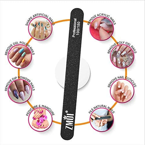 ZMOI Professional Nail Files, 12 PCS Washable Double Sided Emory Board 100/180 Grit for Natural/Acrylic Nails, Waterproof and Durable Design, Ergonomic and Practical, Ideal for Salon, Home Use