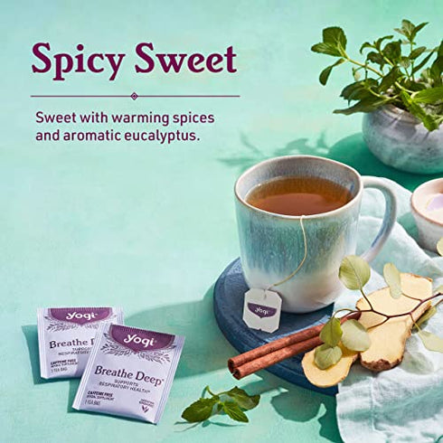 Yogi Tea - Breathe Deep (4 Pack) - Supports Respiratory Health with Eucalyptus, Thyme, and Mullein Leaves - Caffeine Free - 64 Organic Herbal Tea Bags