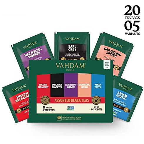 Vahdam, Black Tea Sampler, 5 Flavors, 20 Assorted Black Tea Bags | Tea Variety Pack | Tea Gift Sets - English Breakfast, Darjeeling, Assam, Earl Grey Tea Bags | Happy New Year Gifts for Women/Men