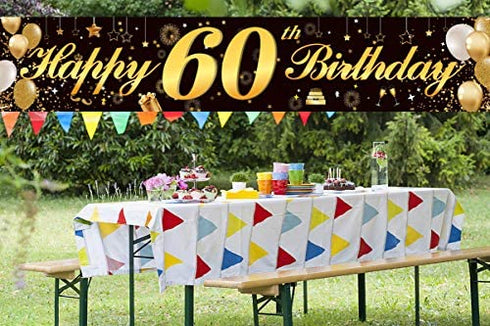 Happy 60th Birthday Banner,Birthday Party Sign Backdrop Banner For Men Women Cheer to 60 Years,Durable Black&Gold Glitter Birthday Sign Yard Sign For 60th Birthday Party Decoration Supplies(60 Black)
