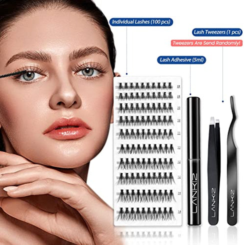 LANKIZ DIY Lash Extension Kit, 20D Faux Mink Individual Lashes,Cluster Lashes Glue,Lash Tweezers,8-14mm Mix Self-application Eyelash Extension at Home