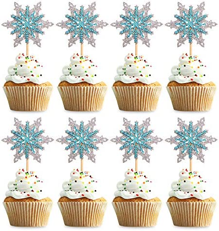 Ercadio 24 Pack Snowflake Cupcake Toppers Double Layers Silver and Blue Winter Theme Cupcake Picks Baby Shower Kids Birthday Party Christmas Cake Decorations Supplies