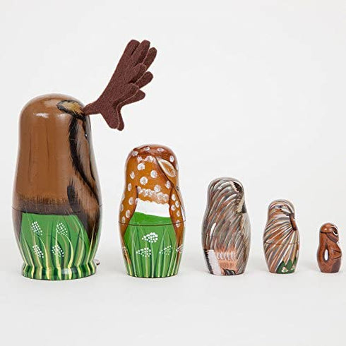 Bits and Pieces - "Woody and Friends American Woodland Creatures Nesting Dolls - Hand Painted Wooden Nesting Dolls Matryoshka Animal Figurines - Set of 5 Dolls from 5.5" Tall