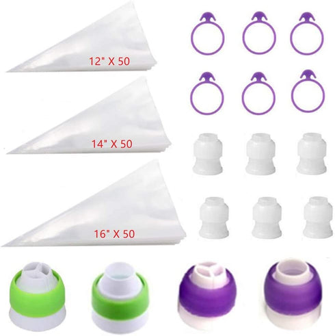 ANSLYQA 166 Pcs Pastry Piping Bags Kit with 150PCS 3 Sizes (12"+14"+16") Extra Thick Disposable Icing Bags,10 Couplers and 6 Frosting Bag Ties for Baking Cupcakes Cookies Cake Decorating Supplies