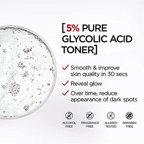 L'Oreal Paris Revitalift 5% Pure Glycolic Acid Peeling Toner from Derm Intensives with Aloe Vera, Smooth Skin & Reveal Glow, Daily Exfoliant for Brighter Skin, Fragrance and Alcohol Free, 6 Fl Oz