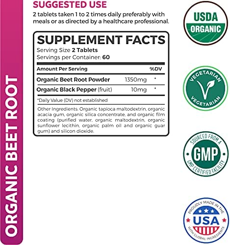 USDA Organic Beet Root Powder (120 Tablets) 1350mg Beets Per Serving with Black Pepper for Extra Absorption - Nitrate Supplement for Circulation, Heart Health, Super Athletic Performance - No Capsules