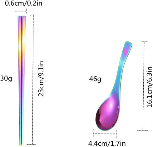 JYJFGSFA Chinese Metal Soup Spoons and Chopsticks Set for 4 People, Reusable Stainless Steel Ramen Short Handle Spoon Set Asian, Christmas Gift Dishwasher Safe (Rainbow) (JYKS)