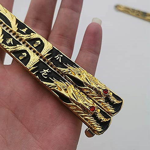 WANLIAN Dragon Butterfly Comb Trainer-Balisong Comb,Butterfly Comb Stainless Steel Folding Training Practice Combs Hair Styling Tools for Sport Outdoor Use (Black gold dragon)