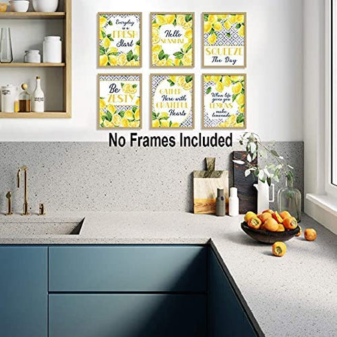 HLNIUC Lemon signs Art Prints, Inspirational Blue Pattern Yellow Lemon Pictures Set Of 6(8”X10”, Unframed), Fruit Botanical Poster Green Leaf Modern Wall Art For Bed Room Living Room Kitchen Decor