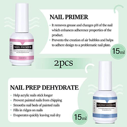 TOMICCA Nail Dehydrator and Primer, Professional Acid Free Natural Nail Prep Dehydrator, Fast Air Dry Superior Bonding Primer Set for Acrylic Powder and Gel Nail Polish 15Ml/0.52 oz