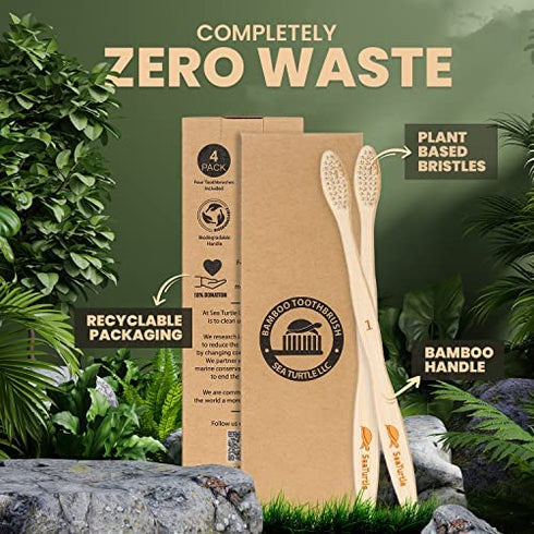 SeaTurtle Plant-Based Bristles Bamboo Toothbrush - Pack of 4 - Soft Natural Bristle for Sensitive Gums - Recyclable Biodegradable Zero Waste Eco-Friendly Sustainable Products