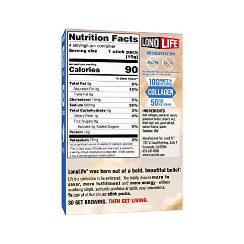 LonoLife Keto Beef Bone Broth Powder, 5g fat, 10g Protein, Paleo and Keto friendly, Stick Packs 4 Count