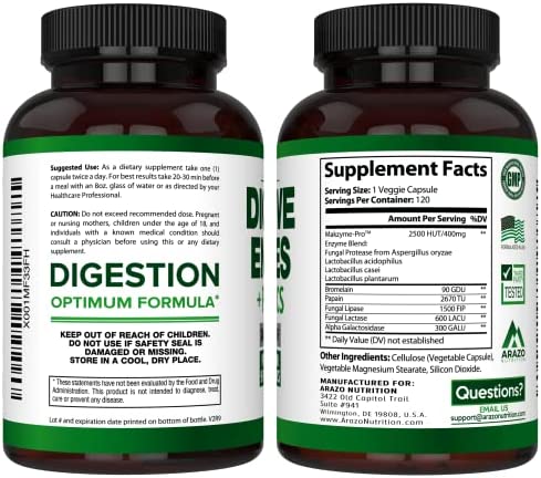 Digestive Enzymes with Probiotics - Multi Enzyme Nutritional Supplement - Acidophilus Bromelain Papaya Papain Lipase & Lactase - Improve Digestion - 120 Pills - Arazo Nutrition