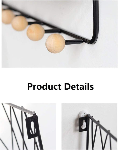 Wall Mount Storage Organizer Metal Mail Sorter Basket for Letter Magazine with 4 Wooden Hooks for Key Leash Bag Hat Coat at Entryway Hallway Mudroom Kitchen Bathroom Office (Black, Small)