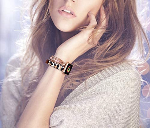 fastgo Bracelet Band Beaded Compatible with Apple Watch 38mm 40mm 41mm Women, Elastic Leather Leopard Strap for Iwatch SE& Series Ultra 8 7 6 5 4 3 2 1(Cheetah/Gold,38/40/41mm)