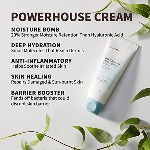 IUNIK Beta-Glucan Vegan Lightweight Non-Sticky Deep Moisture Watery Cream Lotion Daily Moisturizer Quick Absorption Dry Mature Sensitive Fine lines Skin Naturally-Derived Centella Vitamin Korean Skincare